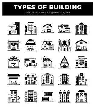 Building icons. various types. black and white outline style Ilustración de archivo