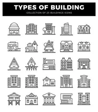 Building icons in a white background.  25 types of buildings and houses ico.. Ilustración de archivo