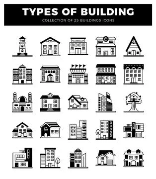 Building icons on white background. architectural symbols in black outline. Ilustración de archivo