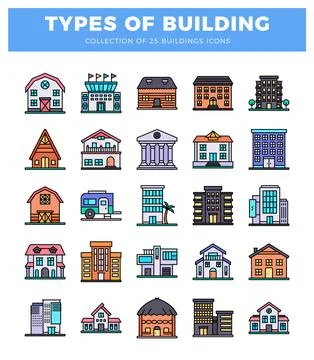 Building icons on a white background. Architectural variety in colorful lin.. Ilustración de archivo
