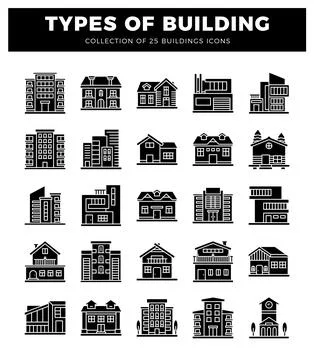 Building icons on white background. Architectural types. residential and co.. Ilustración de archivo