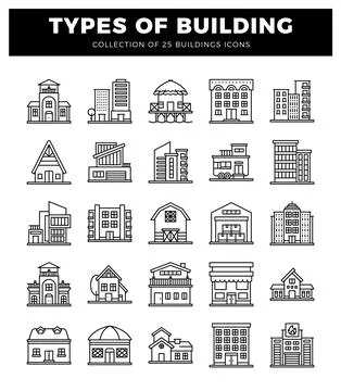 Building icons on white background. architectural outline illustrations for.. Ilustración de archivo