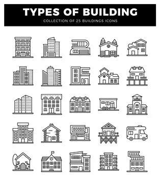 Building icons on white background. Architectural outlines of diverse struc.. Ilustración de archivo