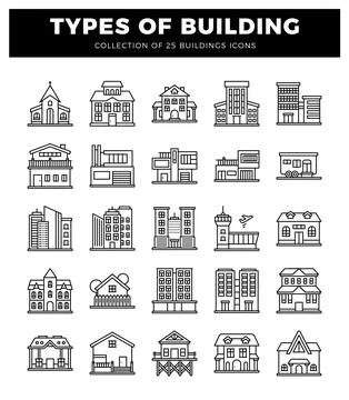 Building icons on white background. Architectural styles. simple line art. Stock Illustration