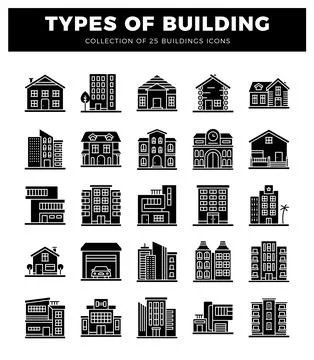 Building icons in a white background with black outlines and fill. Ilustración de archivo