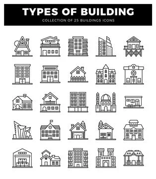 Building icons in a white background with black outline. Ilustración de archivo