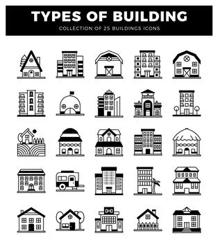 Building icons on white background with black outlines. Ilustración de archivo