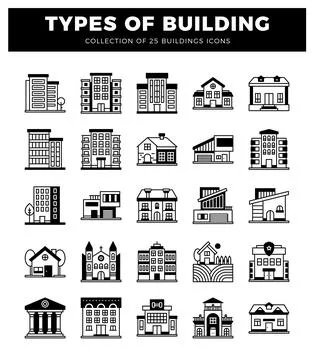 Building icons in a white background on a black banner Ilustración de archivo