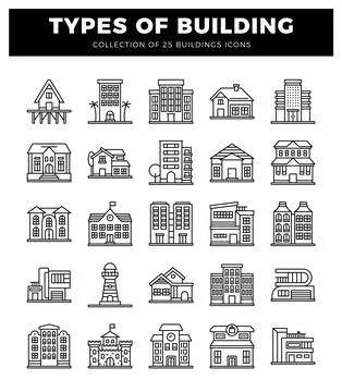 Building icons on a white background with black outlines. Stock Illustration