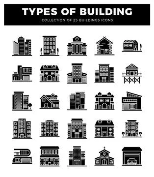 Building icons on a white background with black silhouettes. Ilustración de archivo