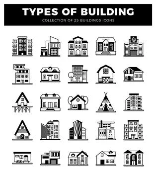Building icons in a white background with black outlines. abstract Stock Illustration