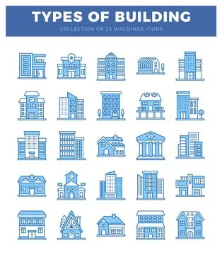 Building icons on a white background. with blue outlines. Ilustración de archivo