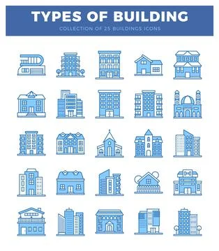 Building icons on a white background with blue outlines. Ilustración de archivo