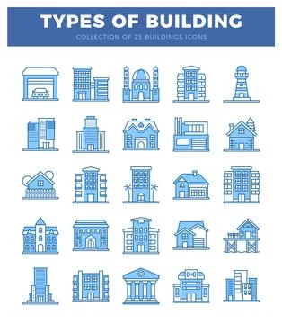 Building icons on a white background with blue line art Ilustración de archivo