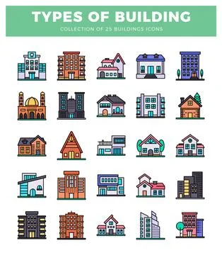Building icons on white background. Different architectural styles with mod.. Stock Illustration