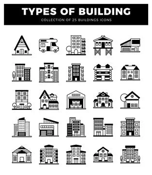 Building icons on white background. diverse architectural styles Ilustración de archivo