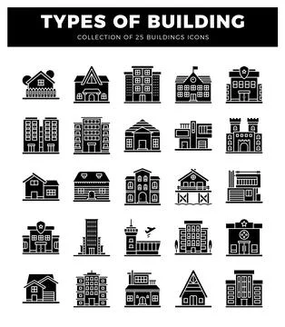 Building icons in a white background. diverse architectural styles. Isolate.. Ilustración de archivo