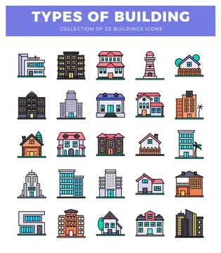 Building icons on white background. diverse architectural styles. modern an.. Ilustración de archivo