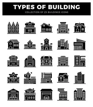 Building icons on a white background.  Diverse architectural styles. from r.. Ilustración de archivo