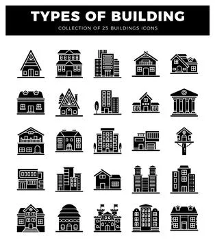 Building icons on a white background. Diverse housing and architectural style Ilustración de archivo