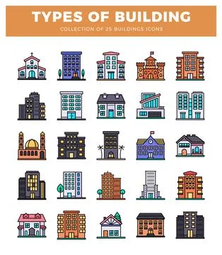 Building icons on a white background. featuring diverse architectural style.. Ilustración de archivo