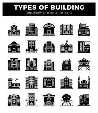 Building icons on a white background. featuring various architectural styles. Ilustración de archivo