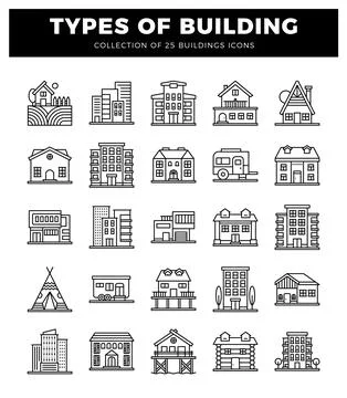 Building icons on white background. featuring various architectural styles .. Ilustración de archivo