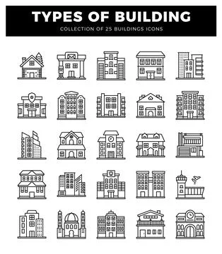 Building icons on a white background. featuring diverse architectural style.. Ilustración de archivo