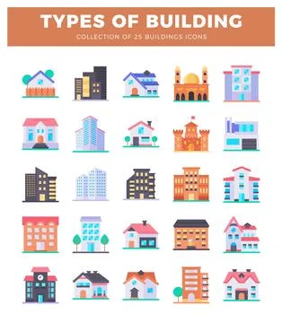 Building icons in a white background. featuring houses. apartments. mosques.. Ilustración de archivo