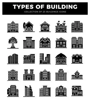 Building icons on a white background. featuring various architectural style.. Ilustración de archivo