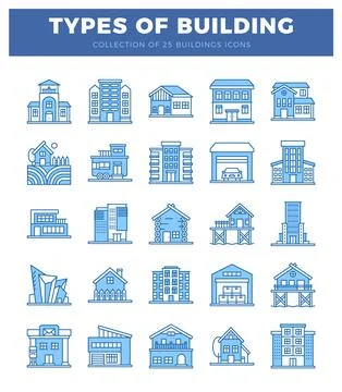 Building icons on a white background. featuring various architectural styles Ilustración de archivo
