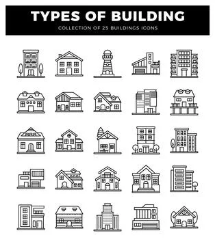 Building icons on white background. featuring houses. apartments. and moder.. Ilustración de archivo