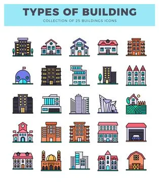 Building icons on a white background. featuring diverse architectural style.. Ilustración de archivo