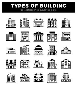 Building icons on white background. flat design. line art Ilustración de archivo