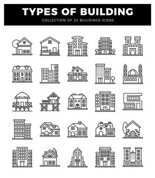 Building icons in a white background. flat design. minimalist style Ilustración de archivo