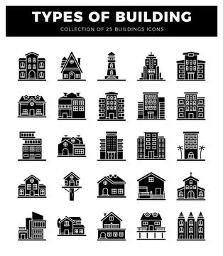 Building icons on white background in flat design. Ilustración de archivo