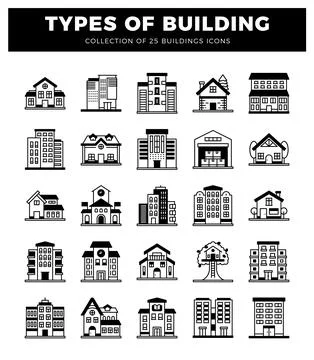 Building icons on white background. flat design with various architectural .. Ilustración de archivo