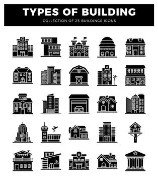 Building icons in a white background grid. Ilustración de archivo