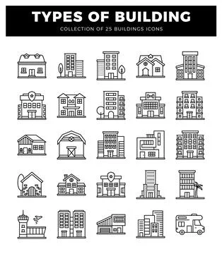 Building icons in a white background grid format. Ilustración de archivo