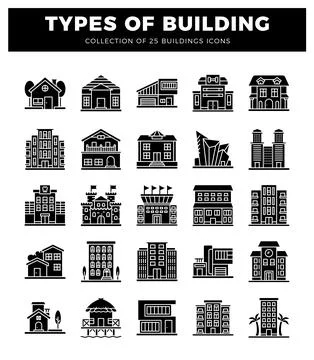 Building icons on a white background. Ilustración de archivo