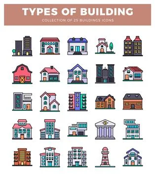 Building icons on a white background. Ilustración de archivo