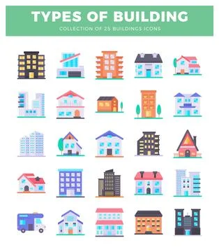 Building icons on a white background. Ilustración de archivo