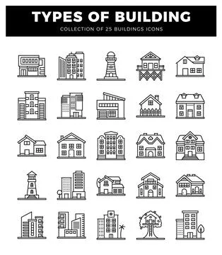 Building icons on a white background. Ilustración de archivo