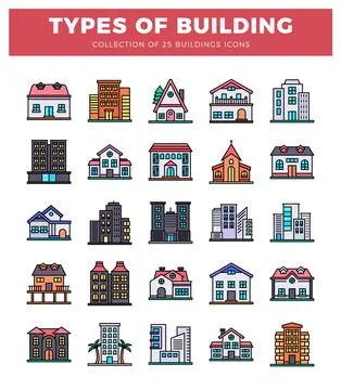 Building icons on a white background. Ilustración de archivo