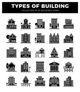 Building icons on a white background. Ilustración de archivo
