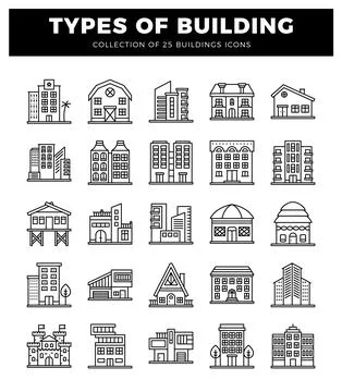 Building icons on a white background. Ilustración de archivo