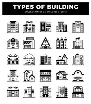 Building icons on white background Ilustración de archivo