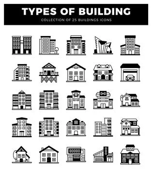 Building icons on white background Ilustración de archivo