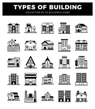 Building icons on white background Ilustración de archivo