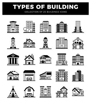 Building icons on white background Ilustración de archivo